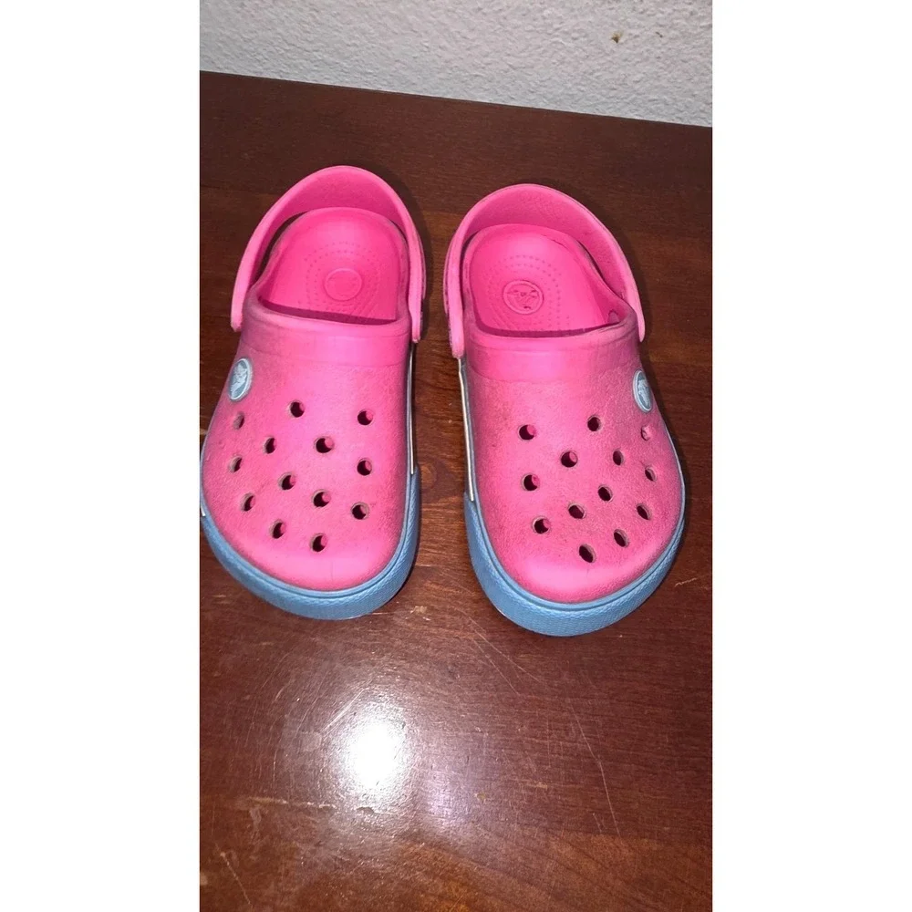 Crocs Kids Pink & Blue Rubber Slip-On Clogs Heel Strap Size 9